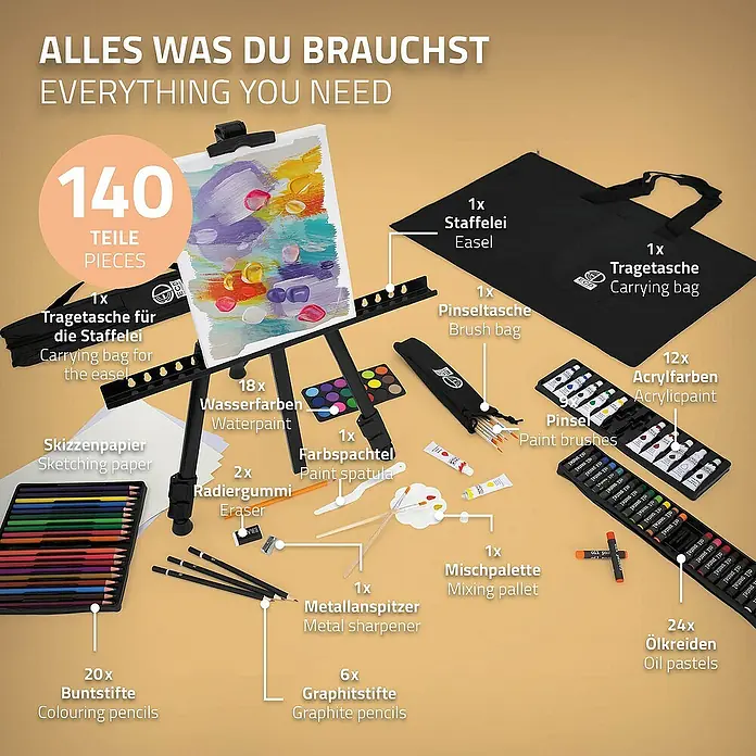ECD Germany Zeichenstift-Set - Schwarz - Dieses Bild zeigt ein 140-teiliges Malset mit Staffelei, Farben, Pinseln, Stiften und Zubehör.