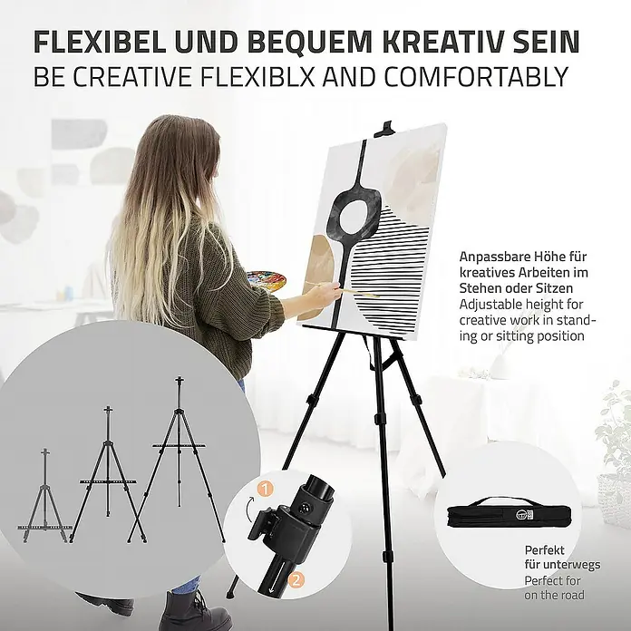 ECD Germany Zeichenstift-Set - Schwarz - Flexibel und bequem kreativ sein mit dieser Staffelei. Anpassbare Höhe für Arbeiten im Stehen oder Sitzen, perfekt für unterwegs.