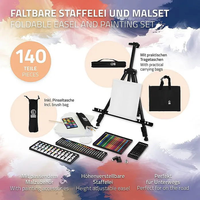 ECD Germany Zeichenstift-Set - Schwarz - Kompaktes, faltbares Staffelei- und Malset mit 140 Teilen, inklusive Tragetaschen und Zubehör für unterwegs.