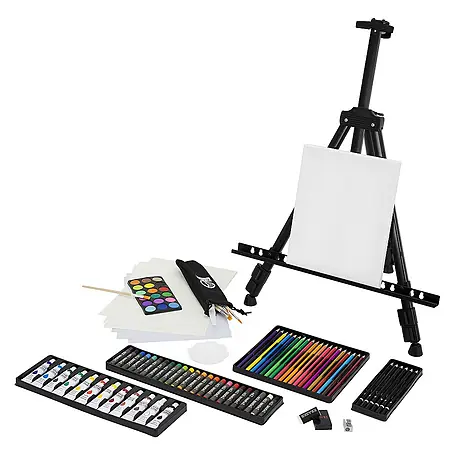 ECD Germany  Zeichenstift-Set Malset 140-Teilig mit Staffelei, Wasserfaben Pastelkreide Pinselset