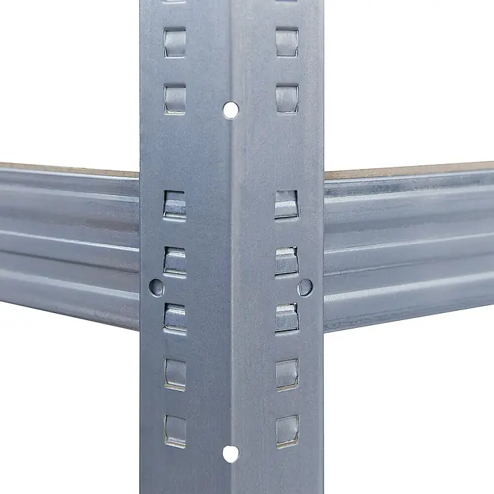 shelfplaza Schwerlastregal PRO - H x B x T: 180 x 70 x 45 cm, Traglast pro Boden: 200 kg, Stecken, verzinkt - Nahaufnahme eines Regalsystems aus Metall, das die Konstruktion und die modulare Bauweise für Lagerlösungen hervorhebt.