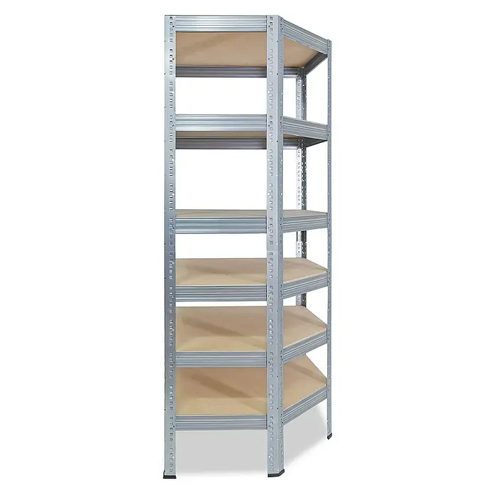 shelfplaza Schwerlastregal PRO - H x B x T: 180 x 80 x 50 cm, Traglast pro Boden: 200 kg, Stecken, verzinkt - Nahaufnahme eines grauen Metallregals mit hellbraunen Regalböden, das sich ideal für die Lagerung in Garage oder Keller eignet.