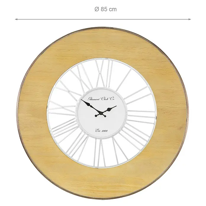 Womo_Design Wanduhr Natur mit römische Ziffern ohne Tickgeräusche handgefertigt Hängeuhr - Durchmesser: 85 cm, Braun, Weiß, Bronze, Antik/Vintage/Retro - Abgebildet ist eine Wanduhr mit einem Durchmesser von 85 cm, die durch ihr Holzdesign und die römischen Ziffern besticht.