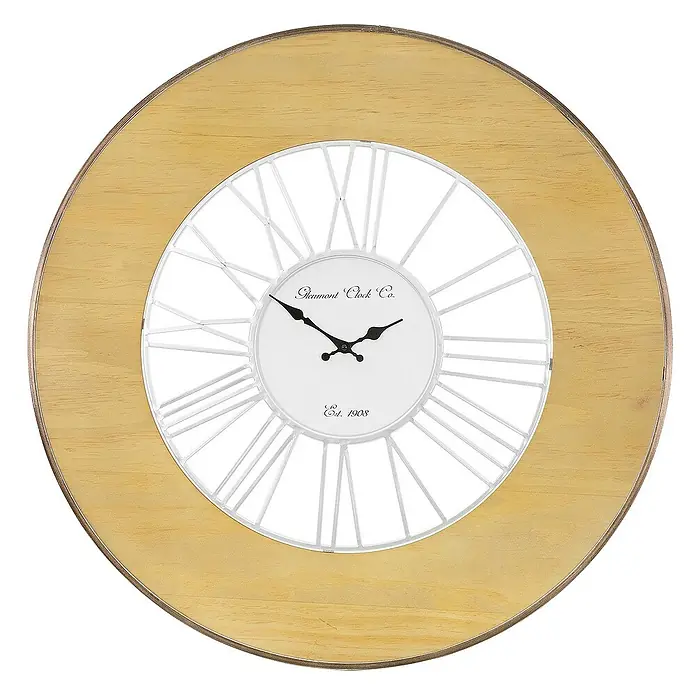 Womo_Design Wanduhr Natur mit römische Ziffern ohne Tickgeräusche handgefertigt Hängeuhr - Durchmesser: 85 cm, Braun, Weiß, Bronze, Antik/Vintage/Retro - Nahaufnahme einer runden Wanduhr mit Holzrahmen und römischen Ziffern, die eine elegante und stilvolle Dekoration darstellt.
