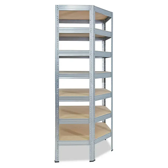 shelfplaza Schwerlastregal PRO - H x B x T: 230 x 70 x 45 cm, Traglast pro Boden: 200 kg, Stecken, verzinkt - Ein silbernes Metallregal mit Holzregalböden. Das Regal hat mehrere Regale und ist ideal für die Lagerung.