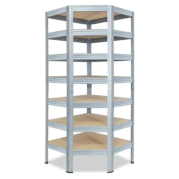 shelfplaza Schwerlastregal PRO - H x B x T: 230 x 70 x 45 cm, Traglast pro Boden: 200 kg, Stecken, verzinkt - Eckregal aus Metall mit sechs Holzablagen für Lagerung, ideal für Ecken, robust und platzsparend für Werkstatt oder Keller.