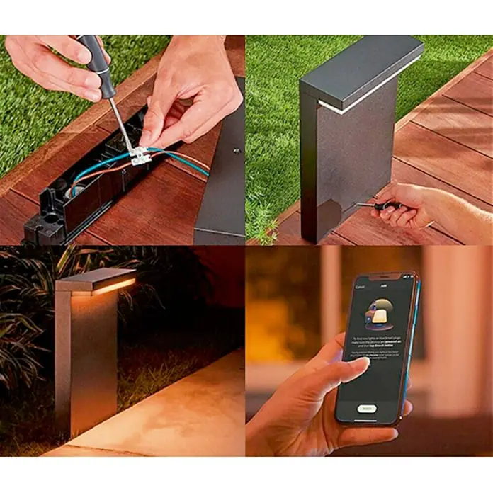 Philips Hue Sobremuro exterior Nyro - 13,5 W, Color del marco: Negro, RGBW, 9,9 x 25,5 x 40 cm, Con bombillas - Baliza Philips Hue: Instalación y control por smartphone. Iluminación exterior moderna para el camino del jardín.