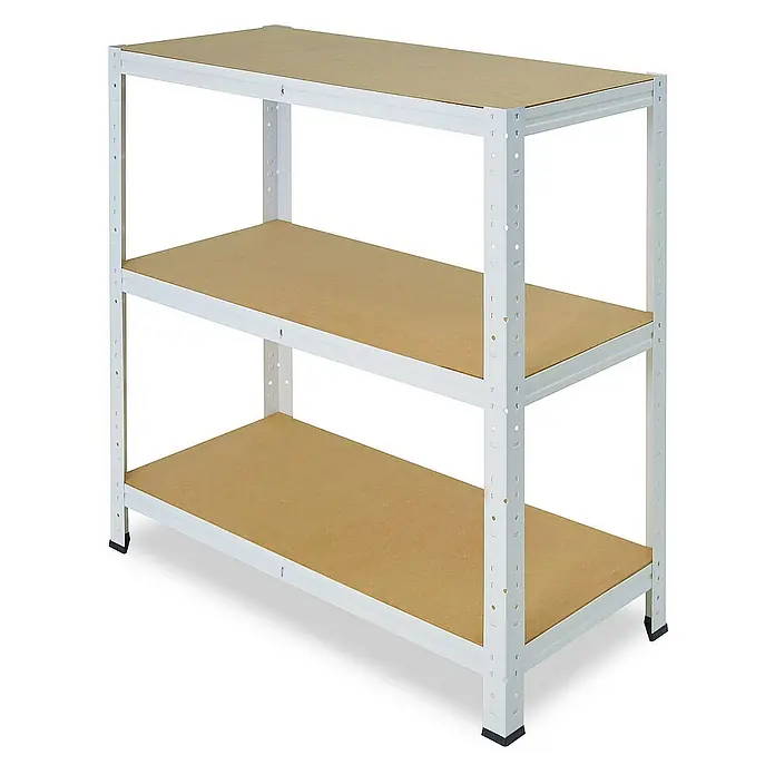 shelfplaza Schwerlastregal HOME - H x B x T: 90 x 75 x 23 cm, Traglast pro Boden: 175 kg, Stecken, weiß - Dreistufiges Regal mit weißen Metallrahmen und Holzregalböden, ideal für Lagerung und Organisation.