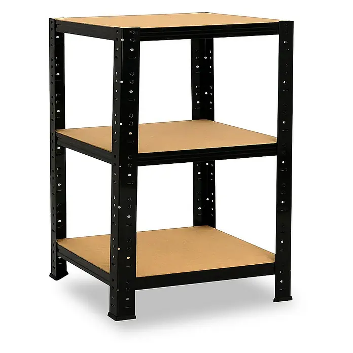 shelfplaza Schwerlastregal BLACK - H x B x T: 115 x 60 x 60 cm, Traglast pro Boden: 175 kg, Stecken, schwarz - Das Bild zeigt ein schwarzes Metallregal mit drei Regalböden aus Holz. Das Regal ist leer und steht auf einem hellen Untergrund.