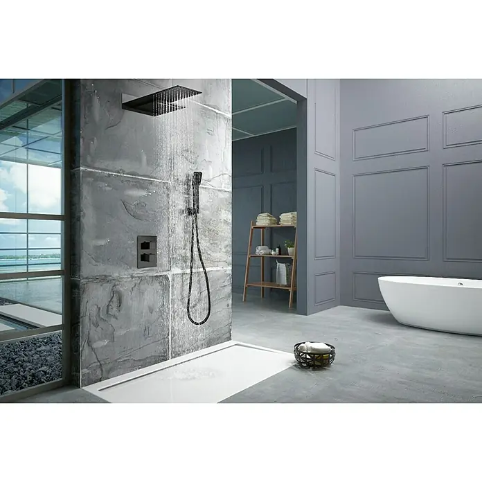 Imex Sistema de ducha empotrado Rodas - Negro - Sistema de ducha en un baño moderno, con un cabezal de lluvia y un conjunto de ducha de mano para una experiencia lujosa.