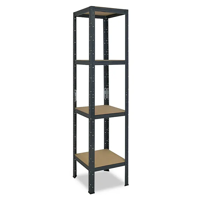 shelfplaza Schwerlastregal HOME - H x B x T: 180 x 50 x 50 cm, Traglast pro Boden: 175 kg, Stecken, anthrazit - Das Bild zeigt ein Metallregal mit drei Holzregalböden, ideal zur Aufbewahrung verschiedener Gegenstände im Haushalt oder im Lager.