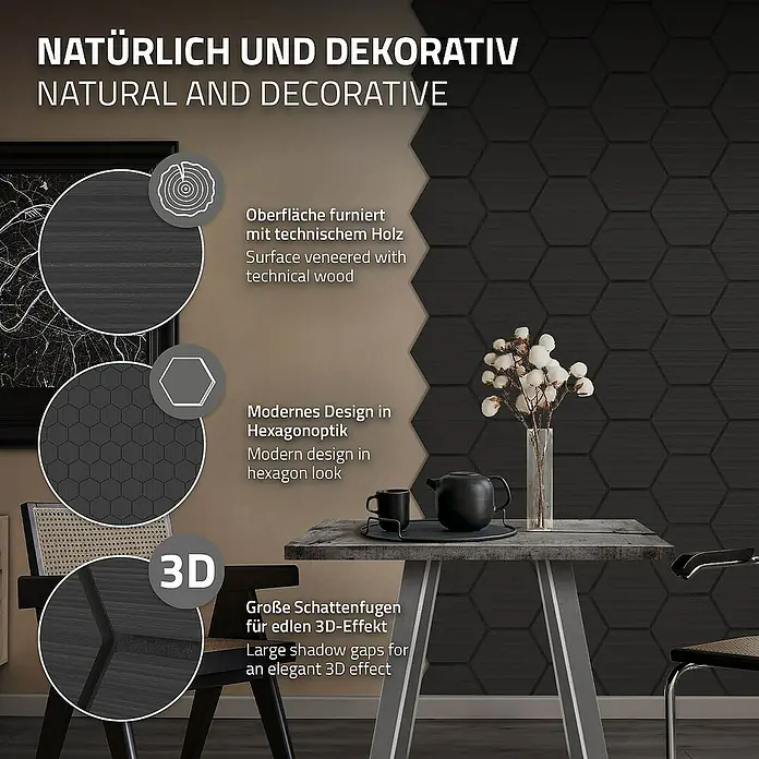 ML-Design Akustikpaneel - Schwarz, L x B x S: 2,1 cm x 66,6 cm x 2,1 mm, 2 Stk., 1 m² - Nahaufnahme der dekorativen Wandpaneele in Holzoptik, die ein modernes Design und einen eleganten 3D-Effekt bieten.