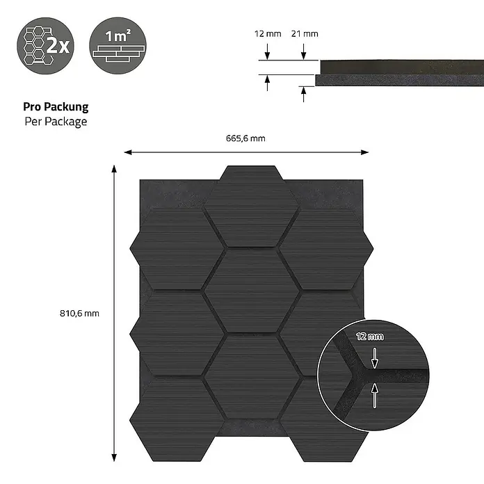 ML-Design Akustikpaneel - Schwarz, L x B x S: 2,1 cm x 66,6 cm x 2,1 mm, 2 Stk., 1 m² - Produktbild einer Akustikplatte mit hexagonaler Struktur, Abmessungen 810,6 mm x 665,6 mm, 2 Stück pro Packung.