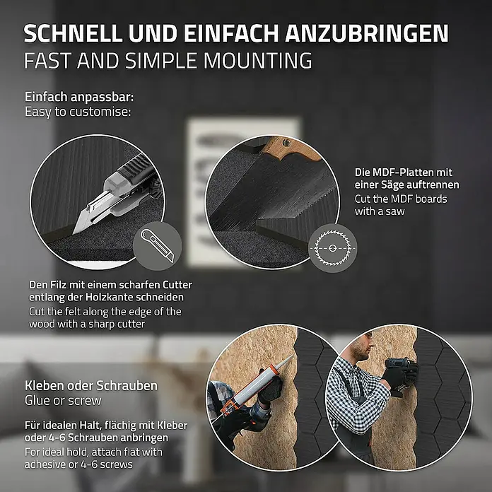 ML-Design Akustikpaneel - Schwarz, L x B x S: 2,1 cm x 66,6 cm x 2,1 mm, 2 Stk., 1 m² - Montageanleitung für Wandpaneele: Zuschneiden mit Cutter und Säge, Anbringen mit Kleber oder Schrauben.