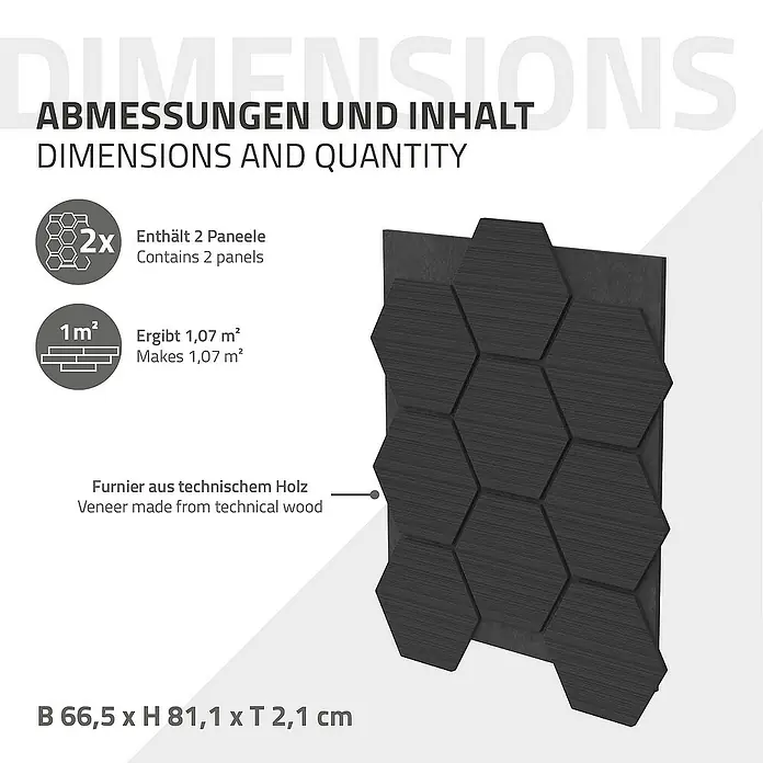 ML-Design Akustikpaneel - Schwarz, L x B x S: 2,1 cm x 66,6 cm x 2,1 mm, 2 Stk., 1 m² - Abmessungen und Inhalt: Das Produkt enthält 2 Paneele, ergibt 1,07 m² und ist aus Furnier aus technischem Holz gefertigt.