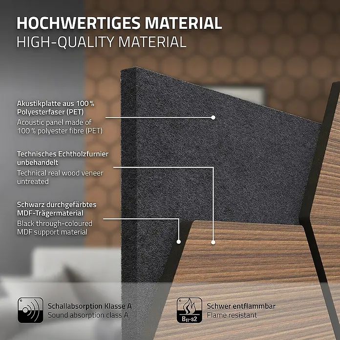ML-Design Akustikpaneel 2er Set für 1m², Hexagon Wandplatten zur Schalldämmung - Teak, L x B x S: 2,1 cm x 66,6 cm x 2,1 mm, 2 Stk., 1 m² - Detailaufnahme eines Akustikpaneels mit Beschreibung der hochwertigen Materialien und Eigenschaften.