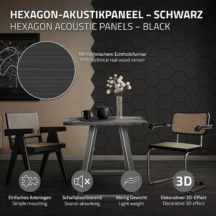 ML-Design Akustikpaneel - Schwarz, L x B x S: 2,1 cm x 66,6 cm x 2,1 mm, 2 Stk., 1 m² - Sechseckige Akustikpaneele in Schwarz. Ideal für Schallabsorption und modernes Design. Einfache Montage und geringes Gewicht zeichnen die Paneele aus.