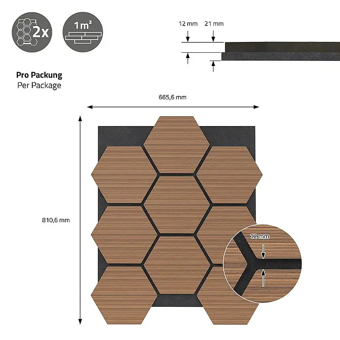 ML-Design Akustikpaneel 2er Set für 1m², Hexagon Wandplatten zur Schalldämmung - Teak, L x B x S: 2,1 cm x 66,6 cm x 2,1 mm, 2 Stk., 1 m² - Produktbild der selbstklebenden Wandpaneele mit Holzdekor, Maße 665,6 x 810,6 mm, Stärke 12 mm (Holz) + 21 mm (Trägerplatte).