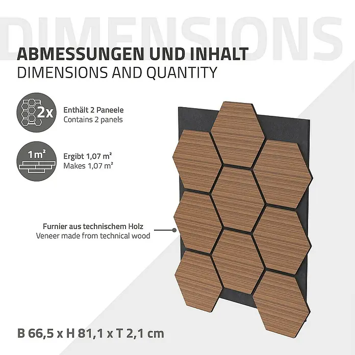 ML-Design Akustikpaneel 2er Set für 1m², Hexagon Wandplatten zur Schalldämmung - Teak, L x B x S: 2,1 cm x 66,6 cm x 2,1 mm, 2 Stk., 1 m² - Bild einer Wandverkleidung aus technischem Holz mit sechseckigen Formen und den Maßen 66,5 x 81,1 x 2,1 cm.