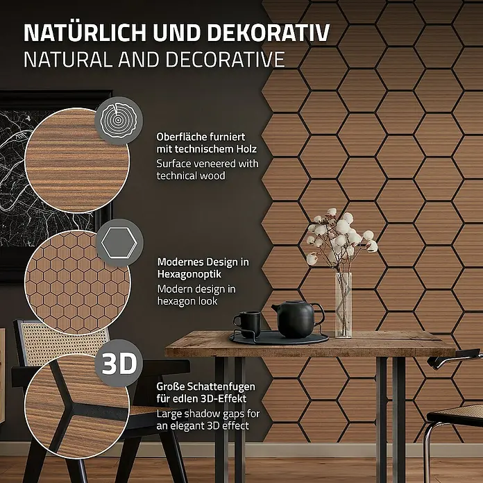 ML-Design Akustikpaneel 2er Set für 1m², Hexagon Wandplatten zur Schalldämmung - Teak, L x B x S: 2,1 cm x 66,6 cm x 2,1 mm, 2 Stk., 1 m² - Nahaufnahme einer dekorativen Wandverkleidung mit Holzoberfläche im modernen Hexagon-Design und 3D-Effekt.