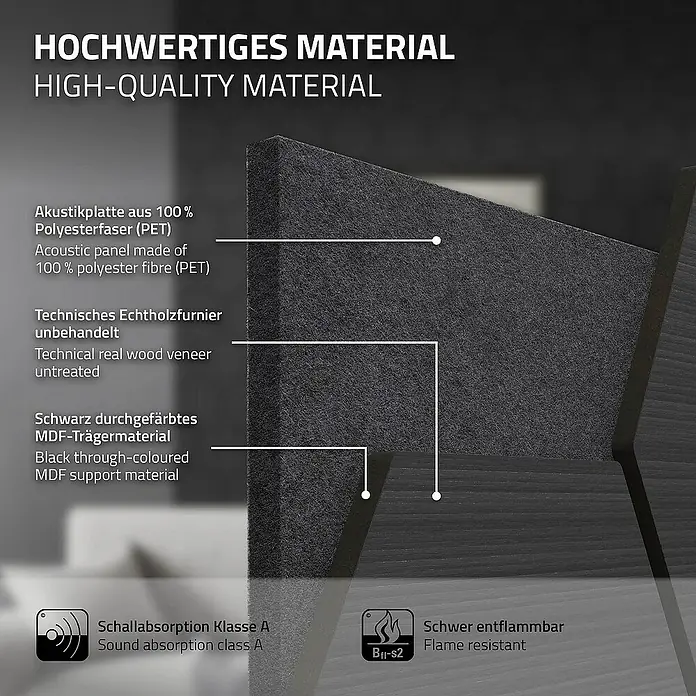 ML-Design Akustikpaneel - Schwarz, L x B x S: 2,1 cm x 66,6 cm x 2,1 mm, 2 Stk., 1 m² - Detailansicht eines Akustikpaneels aus hochwertigem Material, das Schallabsorption und Flammhemmung bietet.
