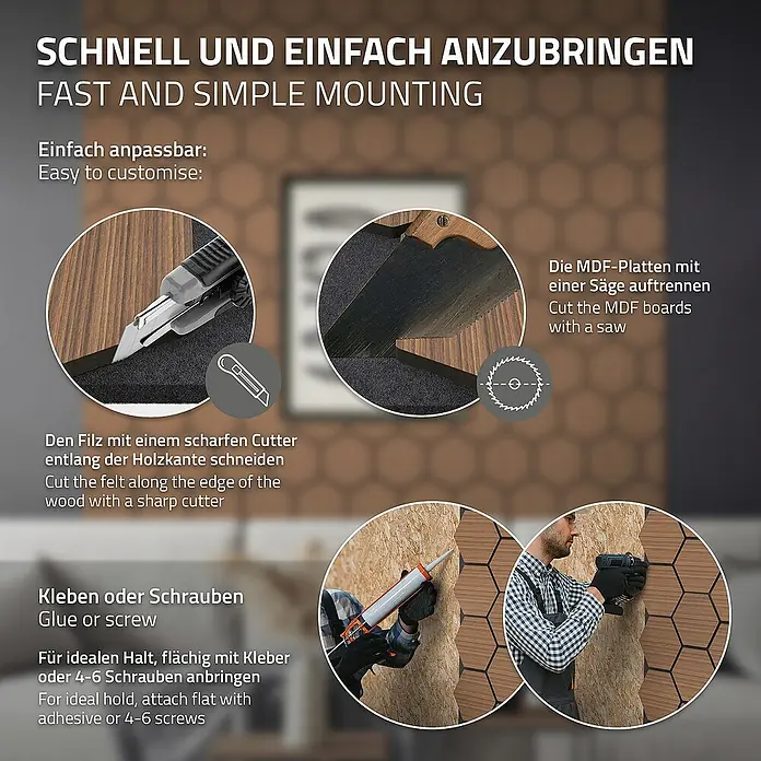 ML-Design Akustikpaneel 2er Set für 1m², Hexagon Wandplatten zur Schalldämmung - Teak, L x B x S: 2,1 cm x 66,6 cm x 2,1 mm, 2 Stk., 1 m² - Bild von Werkzeugen zum Anbringen und Anpassen von MDF-Platten, wie Cutter, Säge, Kleber und Schrauben.