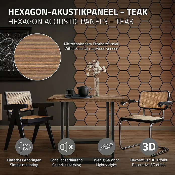 ML-Design Akustikpaneel 2er Set für 1m², Hexagon Wandplatten zur Schalldämmung - Teak, L x B x S: 2,1 cm x 66,6 cm x 2,1 mm, 2 Stk., 1 m² - Das Bild zeigt hexagonale Akustikpaneele in Teakholzoptik, die eine stilvolle und schallabsorbierende Wandgestaltung ermöglichen.