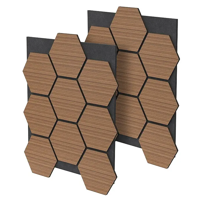 ML-Design Akustikpaneel 2er Set für 1m², Hexagon Wandplatten zur Schalldämmung - Teak, L x B x S: 2,1 cm x 66,6 cm x 2,1 mm, 2 Stk., 1 m² - Akustikpaneele mit sechseckigen Holzoptik-Elementen auf grauen Trägerplatten. Die Paneele verbessern die Raumakustik und sehen stilvoll aus.