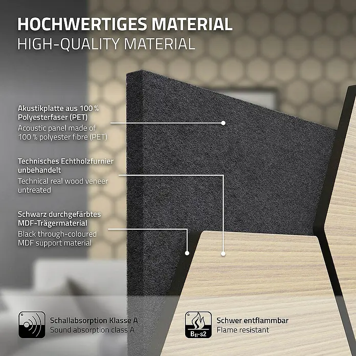 ML-Design Akustikpaneel 2er Set für 1m², Hexagon Wandplatten zur Schalldämmung - Hellbraun, L x B x S: 2,1 cm x 66,6 cm x 2,1 mm, 2 Stk., 1 m² - Hochwertiges Akustikpaneel aus Polyesterfaser (PET) mit Echtholzfurnier und MDF-Trägermaterial. Schallabsorption Klasse A, schwer entflammbar.