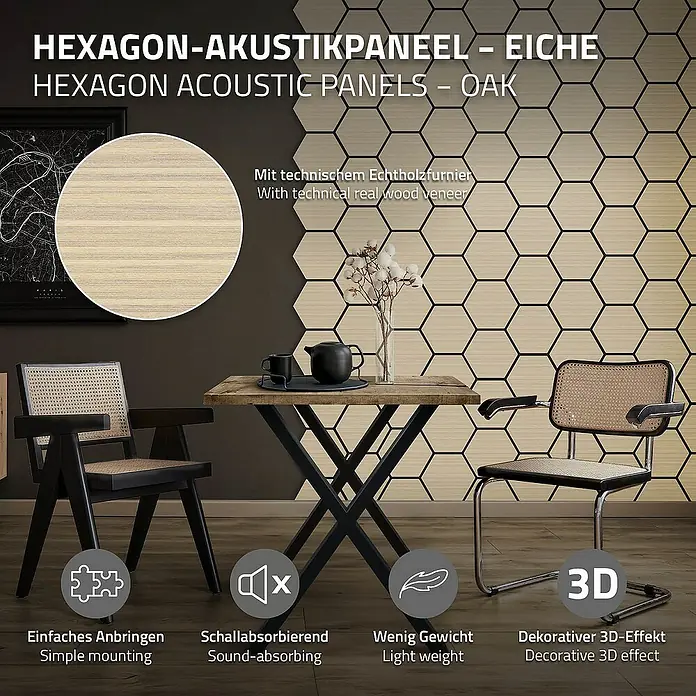 ML-Design Akustikpaneel 2er Set für 1m², Hexagon Wandplatten zur Schalldämmung - Hellbraun, L x B x S: 2,1 cm x 66,6 cm x 2,1 mm, 2 Stk., 1 m² - Das Bild zeigt HEXAGON-Akustikpaneele in Eiche, die eine stilvolle und schallabsorbierende Wandgestaltung ermöglichen.