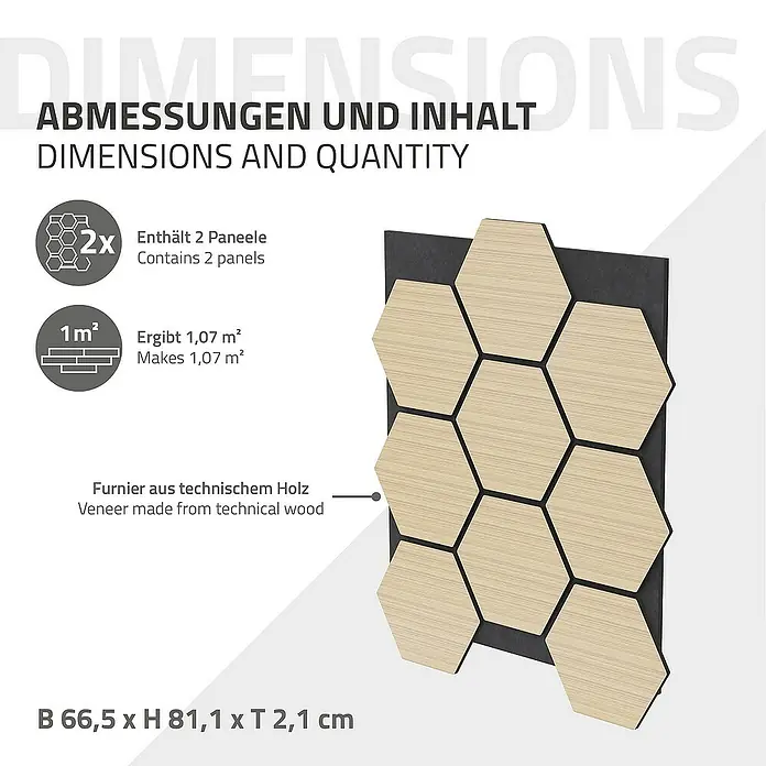 ML-Design Akustikpaneel 2er Set für 1m², Hexagon Wandplatten zur Schalldämmung - Hellbraun, L x B x S: 2,1 cm x 66,6 cm x 2,1 mm, 2 Stk., 1 m² - Abmessungen und Inhalt der Wandpaneele aus technischem Holz mit Furnier, 66,5 x 81,1 x 2,1 cm.