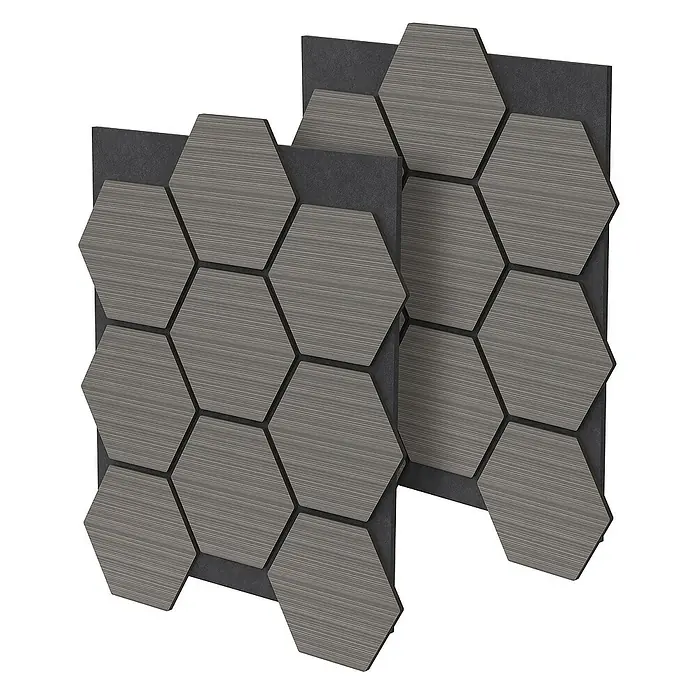 ML-Design Akustikpaneel - Grau, L x B x S: 2,1 cm x 66,6 cm x 2,1 mm, 2 Stk., 1 m² - Wandpaneele mit hexagonalen Akustikelementen in Grau und Schwarz, die Schallabsorption und modernes Design vereinen.