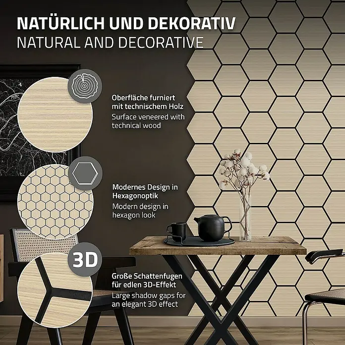 ML-Design Akustikpaneel 2er Set für 1m², Hexagon Wandplatten zur Schalldämmung - Hellbraun, L x B x S: 2,1 cm x 66,6 cm x 2,1 mm, 2 Stk., 1 m² - Nahaufnahme einer natürlich und dekorativ gestalteten Holzverkleidung mit 3D-Effekt und hexagonaler Optik.