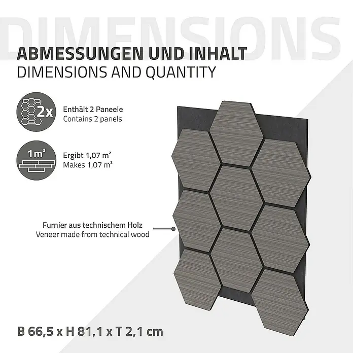 ML-Design Akustikpaneel - Grau, L x B x S: 2,1 cm x 66,6 cm x 2,1 mm, 2 Stk., 1 m² - Abmessungen und Inhalt des Produkts. Enthält 2 Paneele, ergibt 1,07 m², Furnier aus technischem Holz. Maße: B 66,5 x H 81,1 x T 2,1 cm.