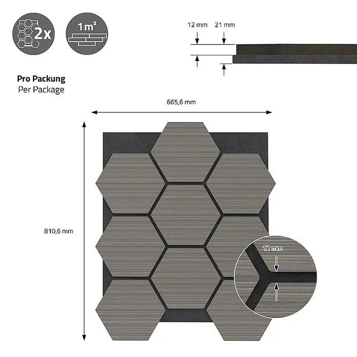 ML-Design Akustikpaneel - Grau, L x B x S: 2,1 cm x 66,6 cm x 2,1 mm, 2 Stk., 1 m² - Produktbild einer Wandfliese mit sechseckigem Muster in Grau und den Maßen 665,6 mm x 810,6 mm, mit Details zu Dicke und Fugenbreite.