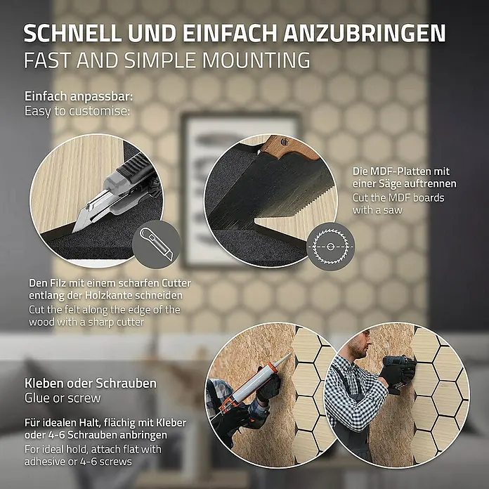 ML-Design Akustikpaneel 2er Set für 1m², Hexagon Wandplatten zur Schalldämmung - Hellbraun, L x B x S: 2,1 cm x 66,6 cm x 2,1 mm, 2 Stk., 1 m² - Montageanleitung für Wandpaneele: Zuschneiden mit Cutter/Säge, Anbringen mit Kleber/Schrauben für einfache und schnelle Installation.