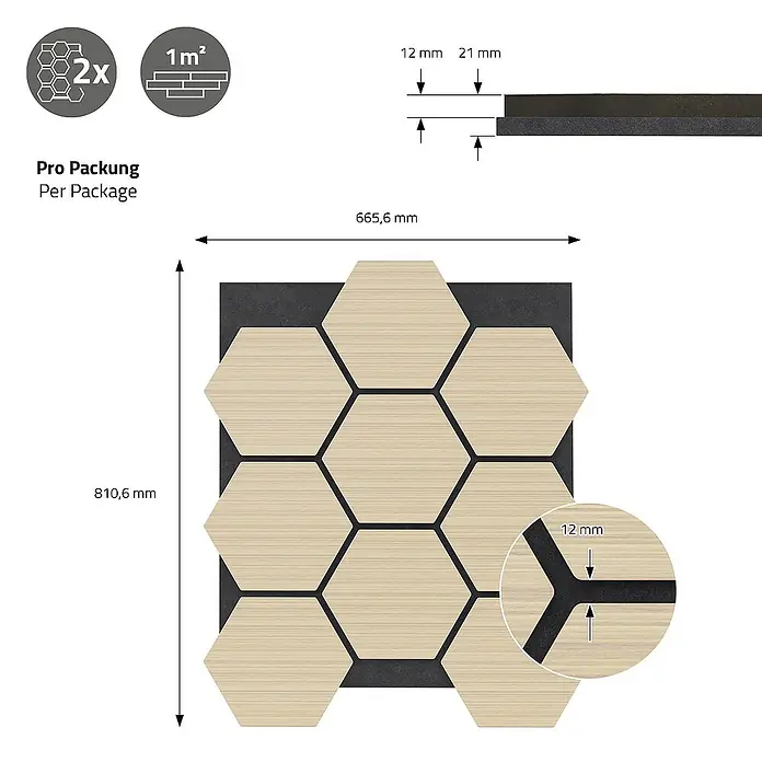 ML-Design Akustikpaneel 2er Set für 1m², Hexagon Wandplatten zur Schalldämmung - Hellbraun, L x B x S: 2,1 cm x 66,6 cm x 2,1 mm, 2 Stk., 1 m² - Abbildung eines 3D-Paneels mit sechseckigem Holzdesign und Produktdimensionen, verpackt zu je 2 Stück pro Packung.