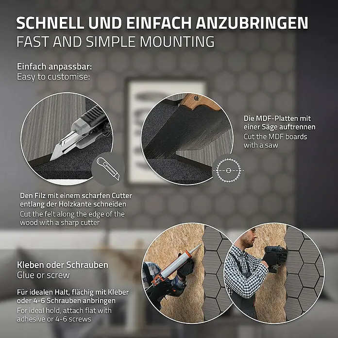ML-Design Akustikpaneel - Grau, L x B x S: 2,1 cm x 66,6 cm x 2,1 mm, 2 Stk., 1 m² - Montageanleitung für Holzpaneele: Zuschneiden des Filzes, Sägen der MDF-Platten und Anbringen mit Kleber oder Schrauben.