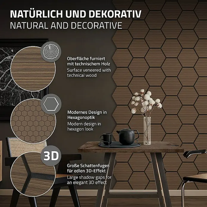 ML-Design Akustikpaneel - Braun, L x B x S: 2,1 cm x 66,6 cm x 2,1 mm, 2 Stk., 1 m² - Das Bild zeigt eine Wandverkleidung aus Holz mit sechseckigen Mustern, die eine natürliche und dekorative Note verleihen.
