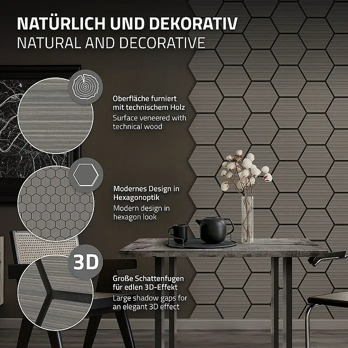 ML-Design Akustikpaneel - Grau, L x B x S: 2,1 cm x 66,6 cm x 2,1 mm, 2 Stk., 1 m² - Nahaufnahme der dekorativen Holzpaneele in Sechseckform, die eine natürliche und moderne Ästhetik für die Wandgestaltung bieten.