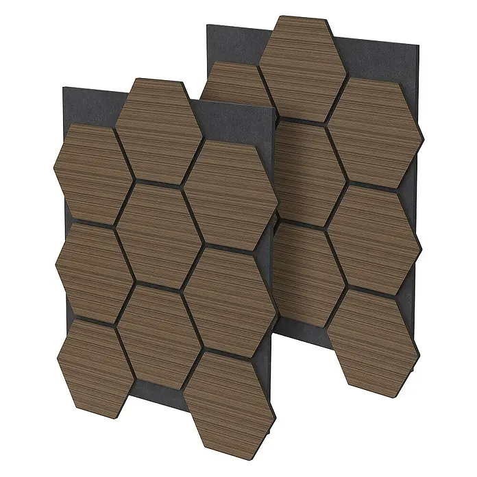 ML-Design Akustikpaneel - Braun, L x B x S: 2,1 cm x 66,6 cm x 2,1 mm, 2 Stk., 1 m² - Zwei Akustikpaneele mit Holzoptik und sechseckigen Elementen. Die Paneele sind auf einer grauen Trägerplatte befestigt.
