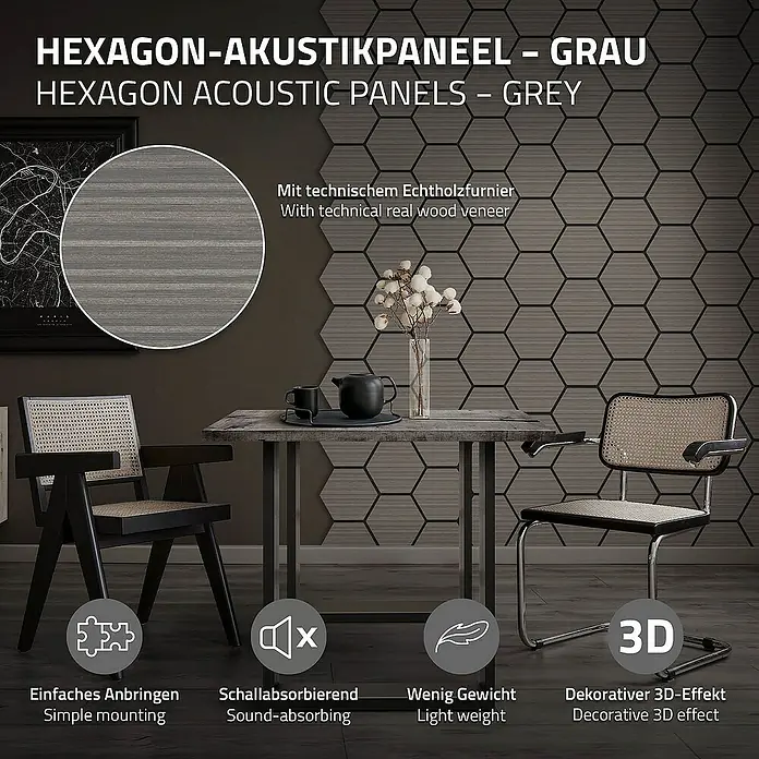 ML-Design Akustikpaneel - Grau, L x B x S: 2,1 cm x 66,6 cm x 2,1 mm, 2 Stk., 1 m² - Sechseckige Akustikpaneele in Grau mit Echtholzfurnier, ideal für Wandgestaltung mit schalldämpfenden Eigenschaften und einfacher Montage.