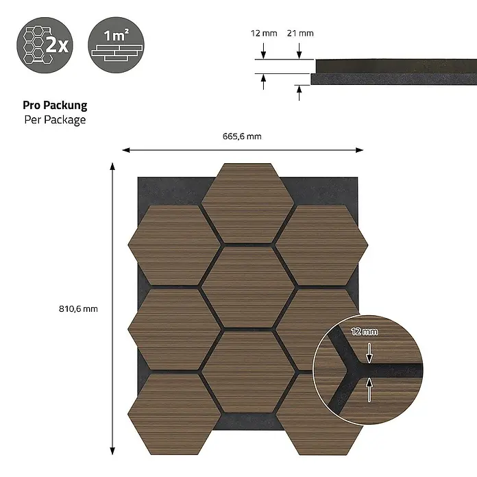 ML-Design Akustikpaneel - Braun, L x B x S: 2,1 cm x 66,6 cm x 2,1 mm, 2 Stk., 1 m² - Abbildung eines Paneels mit Holzoptik und sechseckigem Muster, Abmessungen und Packungsinformationen.