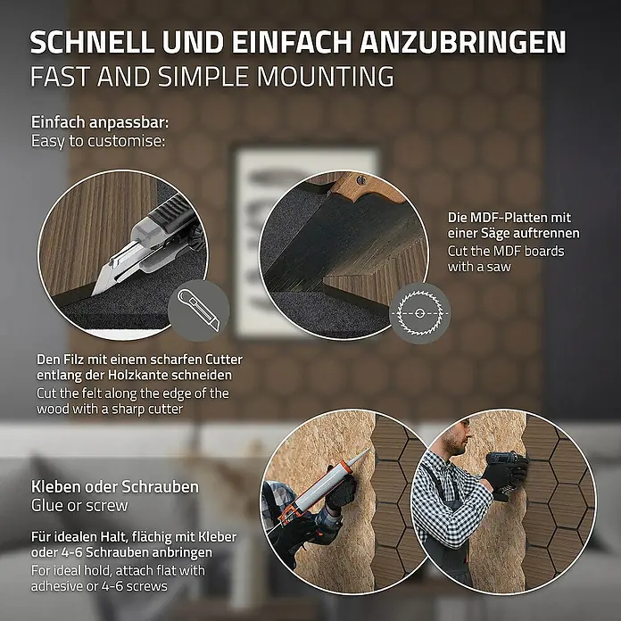 ML-Design Akustikpaneel - Braun, L x B x S: 2,1 cm x 66,6 cm x 2,1 mm, 2 Stk., 1 m² - Anbringen von Holzpaneelen: Zuschneiden der MDF-Platten mit einer Säge und Anbringen mit Kleber oder Schrauben für idealen Halt.