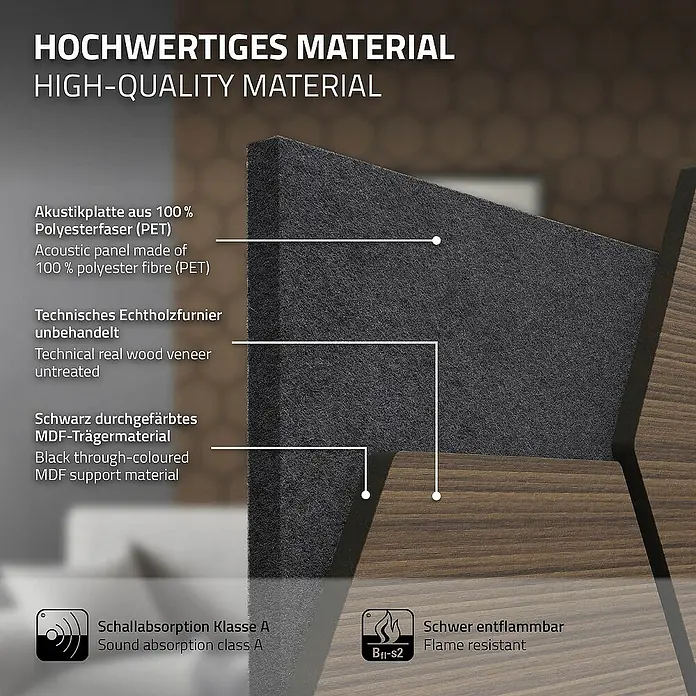 ML-Design Akustikpaneel - Braun, L x B x S: 2,1 cm x 66,6 cm x 2,1 mm, 2 Stk., 1 m² - Hochwertiges Akustikpaneel aus Polyesterfaser (PET) mit Echtholzfurnier und MDF-Trägermaterial. Schallabsorption Klasse A und schwer entflammbar.