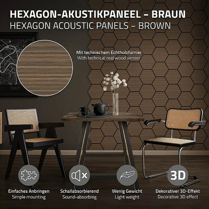 ML-Design Akustikpaneel - Braun, L x B x S: 2,1 cm x 66,6 cm x 2,1 mm, 2 Stk., 1 m² - Nahaufnahme der braunen Hexagon Akustikpaneele, die eine elegante und schallabsorbierende Wandgestaltung bieten.