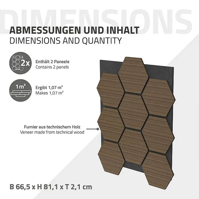 ML-Design Akustikpaneel - Braun, L x B x S: 2,1 cm x 66,6 cm x 2,1 mm, 2 Stk., 1 m² - Informationen zu den Abmessungen und dem Inhalt der Wandpaneele aus technischem Holzfurnier, die eine Fläche von 1,07 m² abdecken.