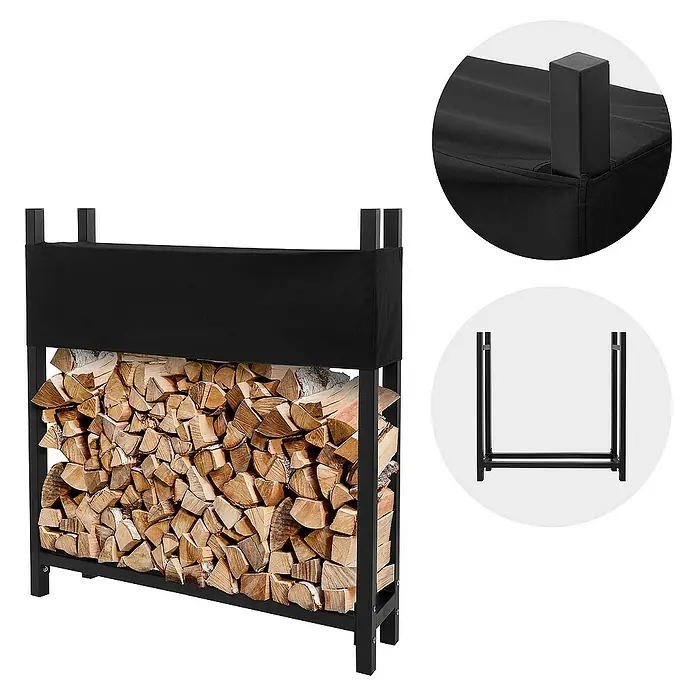 ML-Design Kaminholzregal Brennholzregal wetterfest zum Lagern mit Schutzhülle, Stahl -  - Ein Holzlagerregal mit Abdeckung, gefüllt mit Brennholz, und Detailansichten der Abdeckung und des Rahmens.