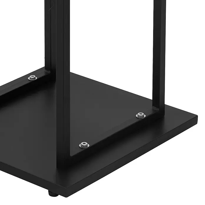ML-Design Kaminholzregal Brennholz Säule zum Lagern für Kantholz aus pulverbeschichtetem Stahl -  - Nahaufnahme des schwarzen Metallgestells eines Produkts, das mit Bolzen und einer stabilen Basis für Stabilität und Haltbarkeit befestigt ist.