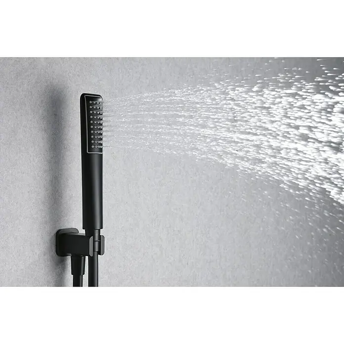 Imex Sistema de ducha empotrado Hidra - Con grifo termostático, Negro - Ducha de mano negra con soporte de pared en funcionamiento, chorro de agua visible. Grifo de baño moderno para ducha y bañera.
